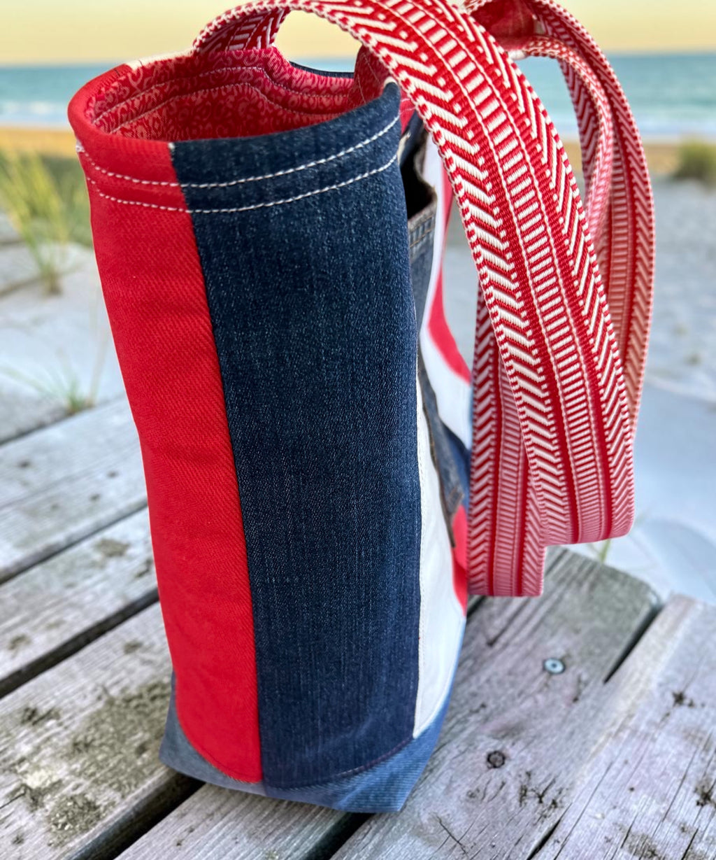 Denim Tote Bag. Red, White, and Blue