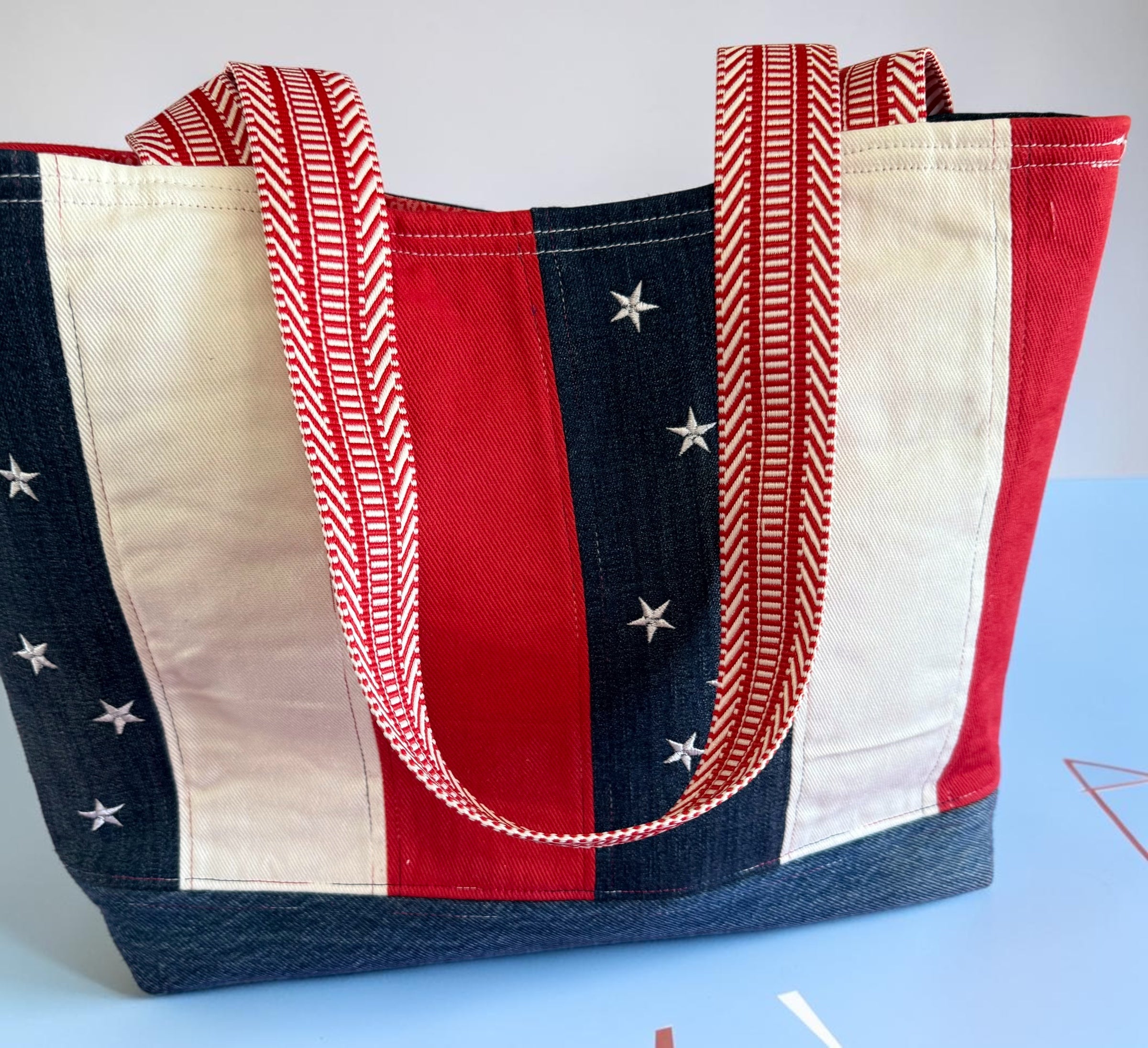 Denim Tote Bag. Red, White, and Blue