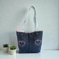 Handmade Denim Tote Bag: Embroidered Hearts, Leather Bottom