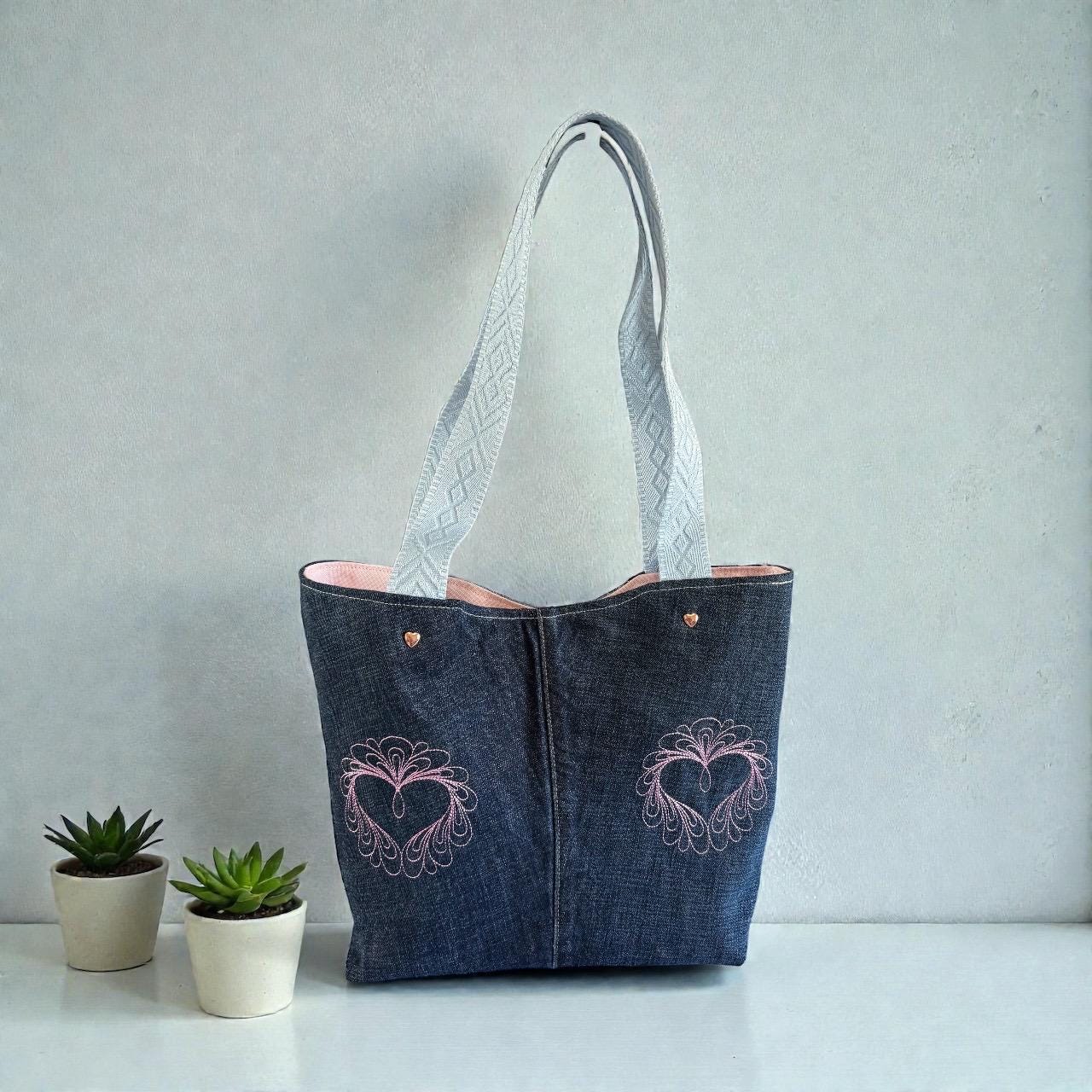 Handmade Denim Tote Bag: Embroidered Hearts, Leather Bottom