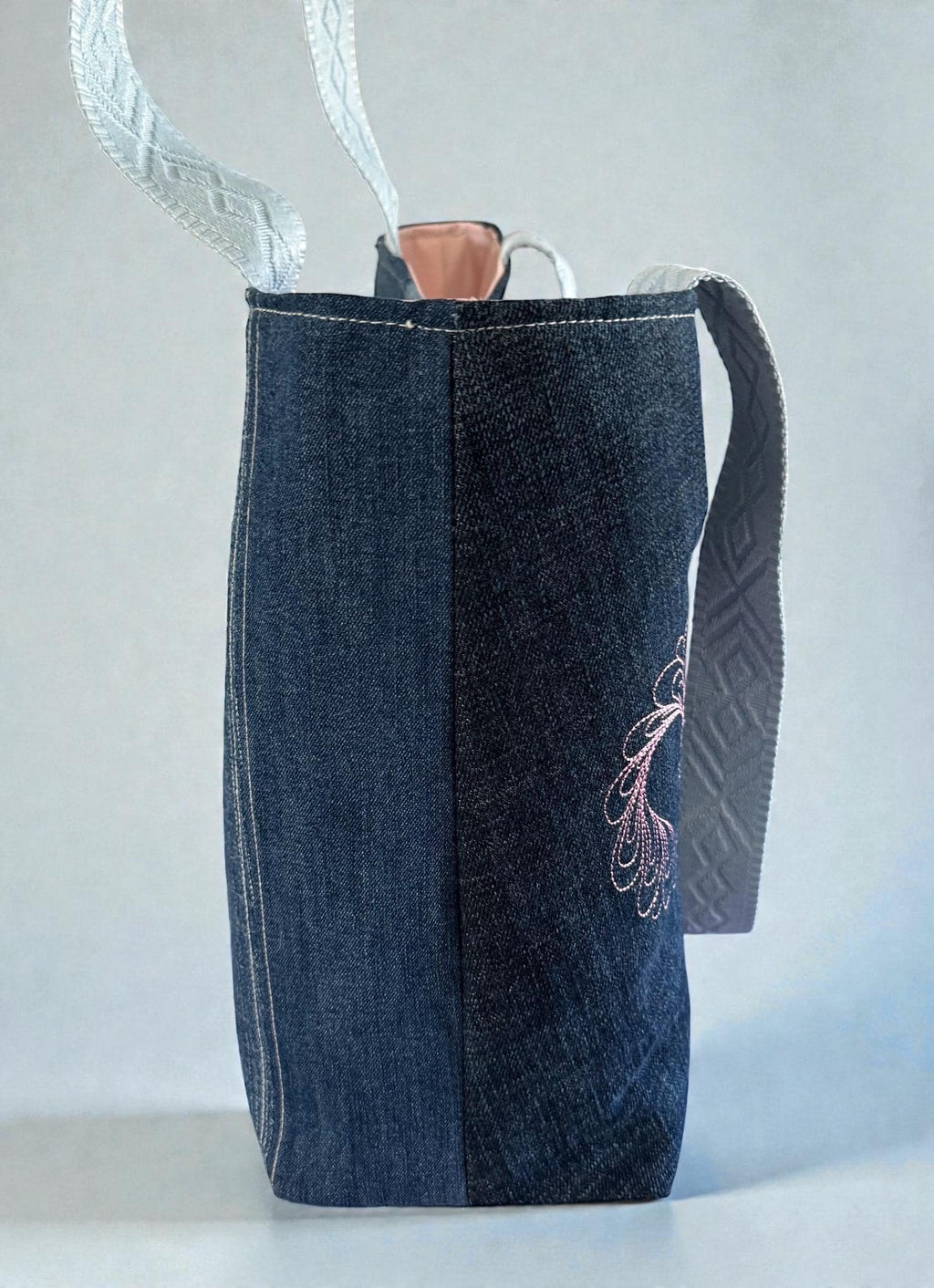 Handmade Denim Tote Bag: Embroidered Hearts, Leather Bottom