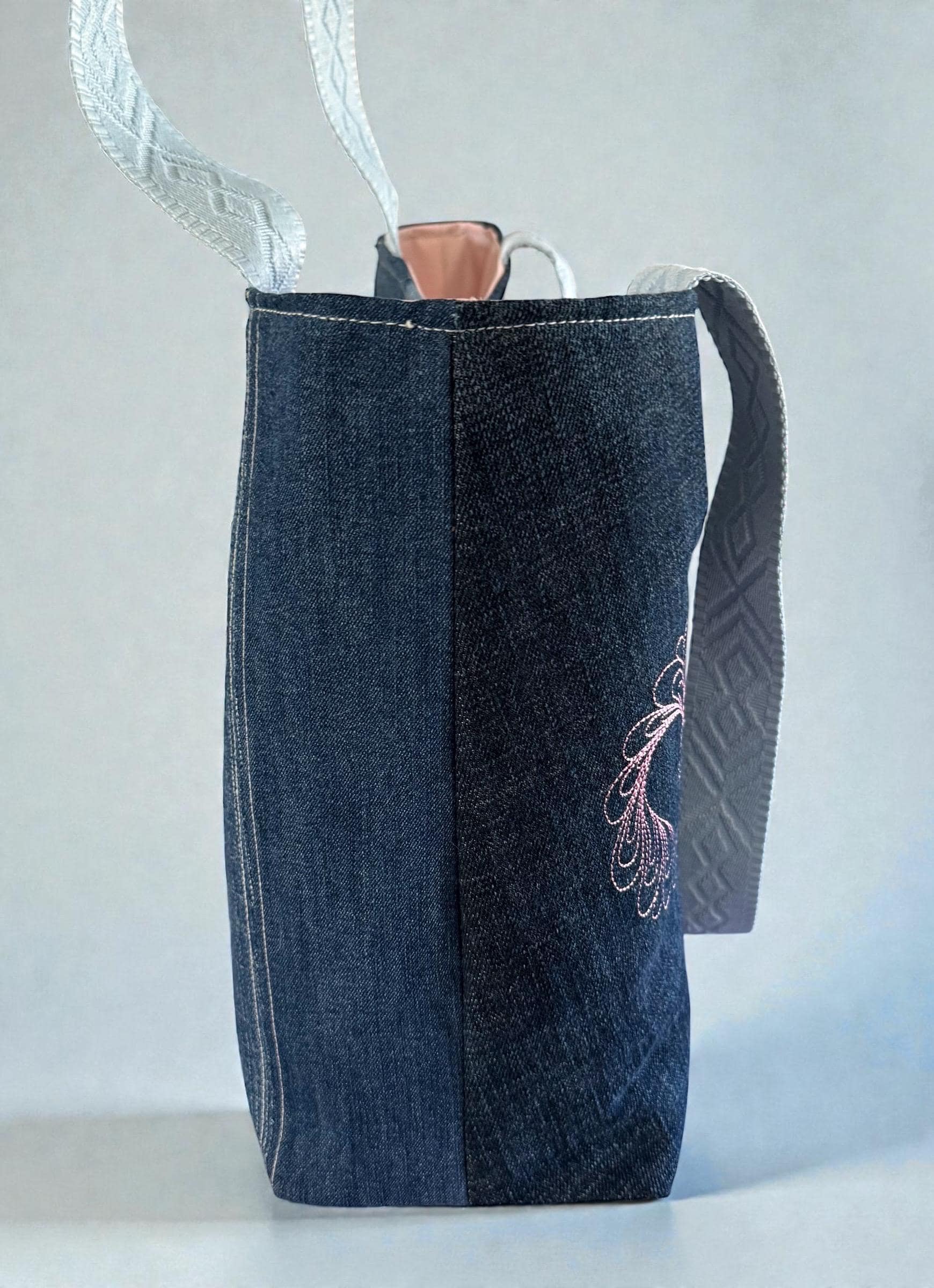 Handmade Denim Tote Bag: Embroidered Hearts, Leather Bottom