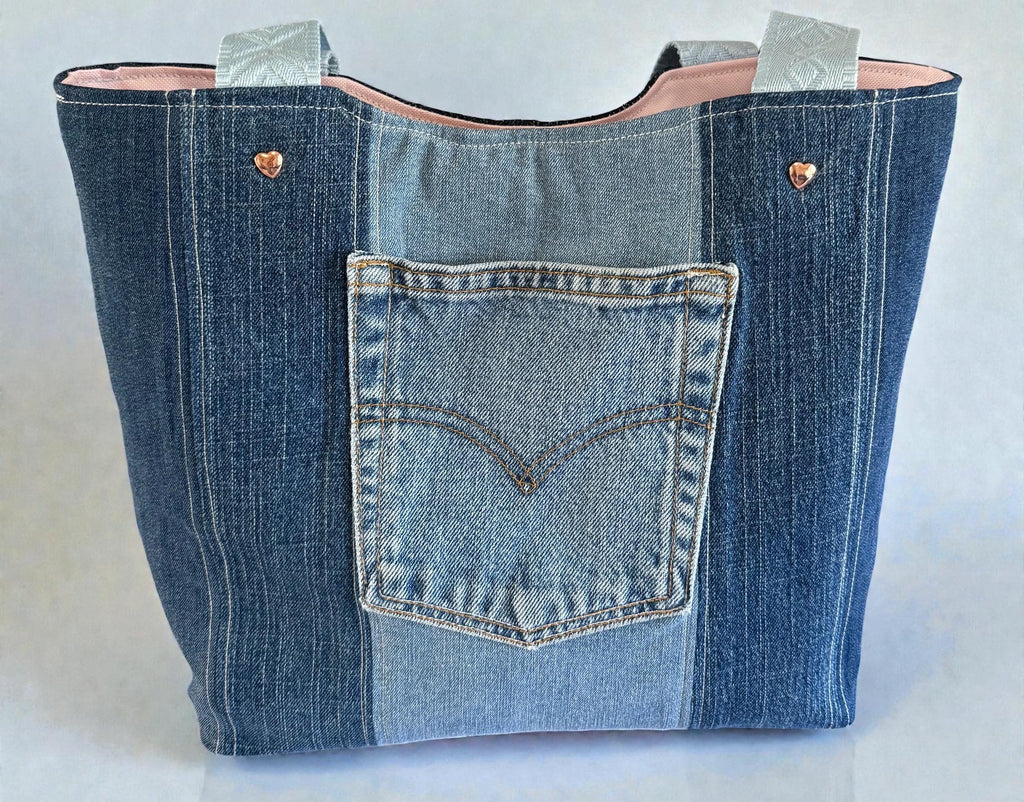 Handmade Denim Tote Bag: Embroidered Hearts, Leather Bottom