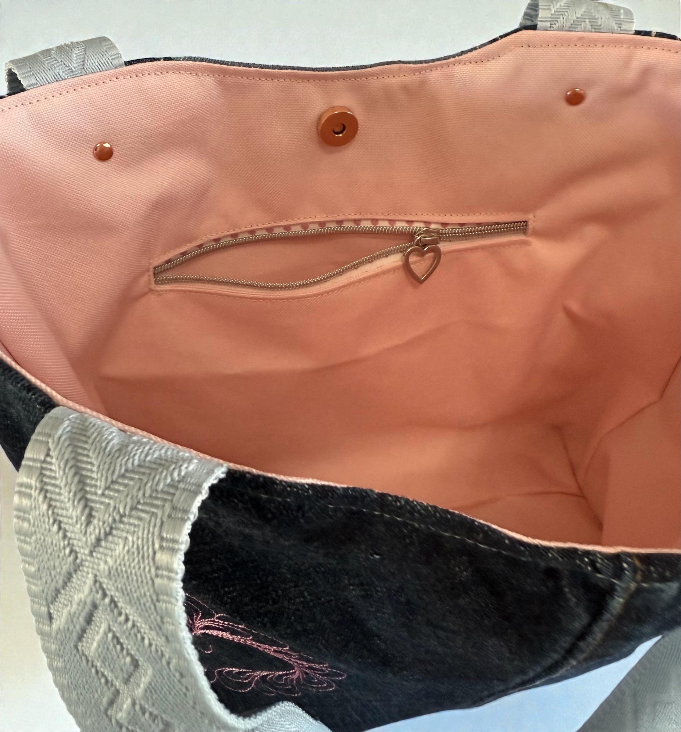 Handmade Denim Tote Bag: Embroidered Hearts, Leather Bottom