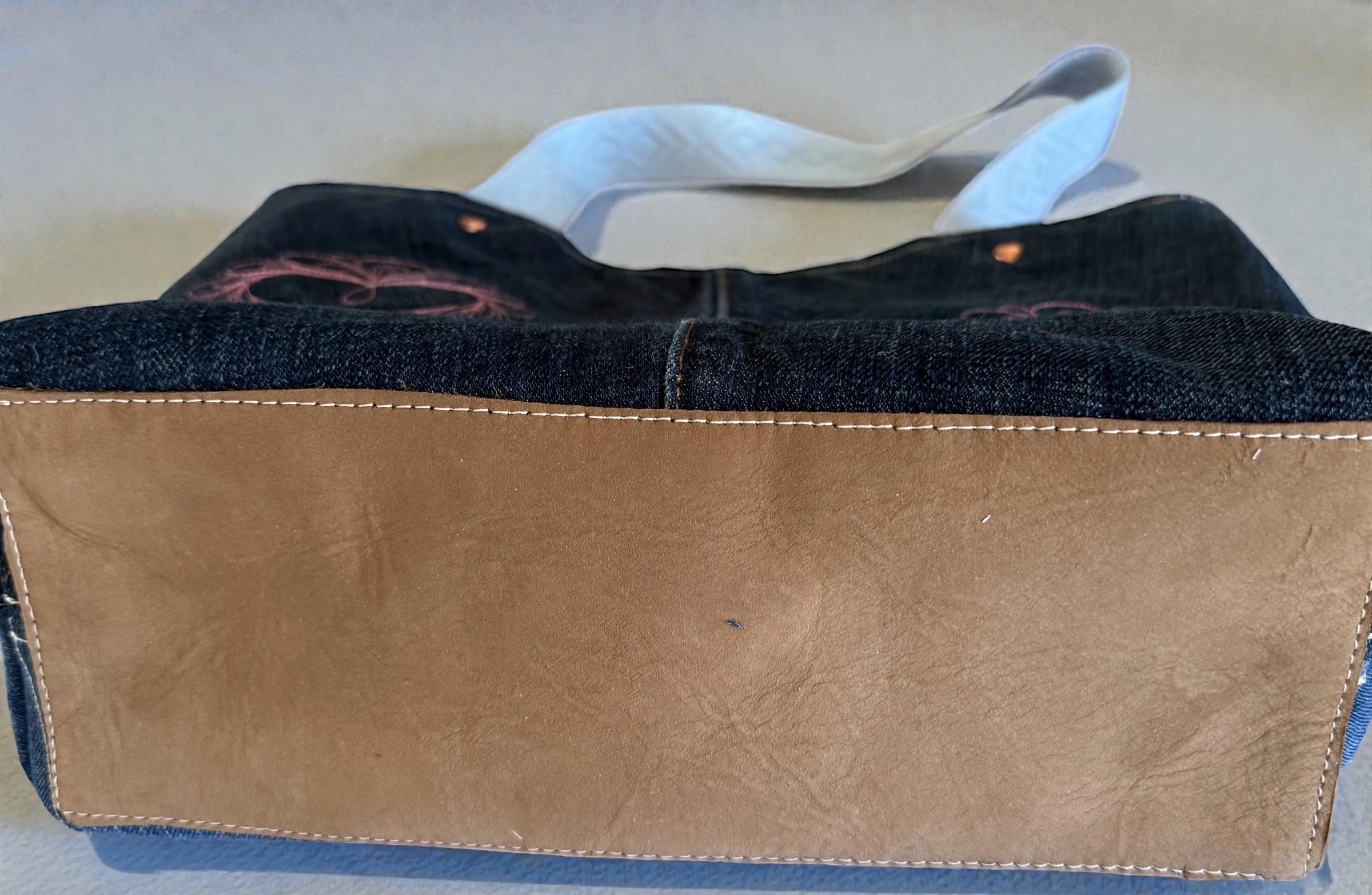 Handmade Denim Tote Bag: Embroidered Hearts, Leather Bottom