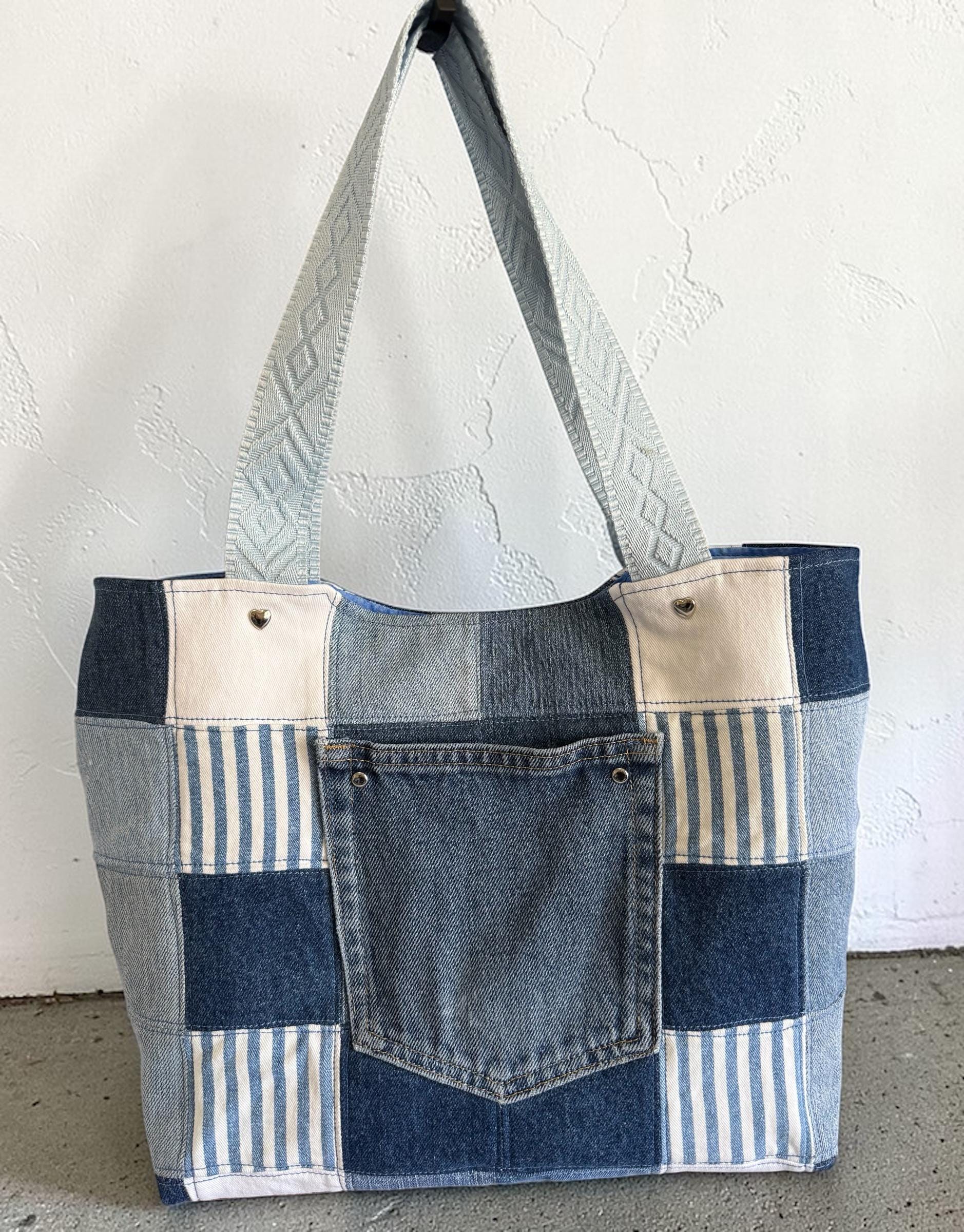 Upcycled Denim Patchwork Tote Bag: Market, Shopping, Beach Carryall