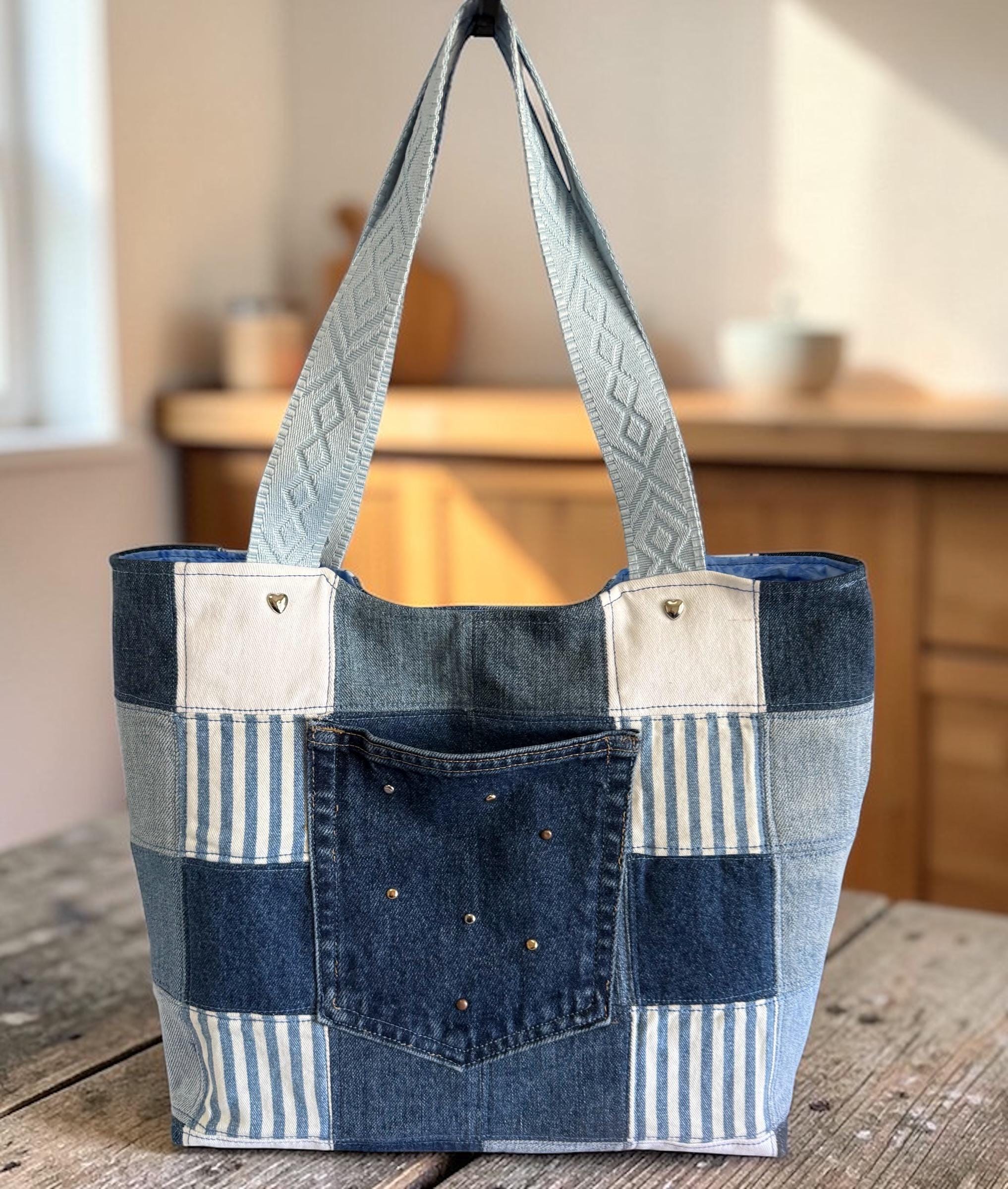 Upcycled Denim Patchwork Tote Bag: Market, Shopping, Beach Carryall