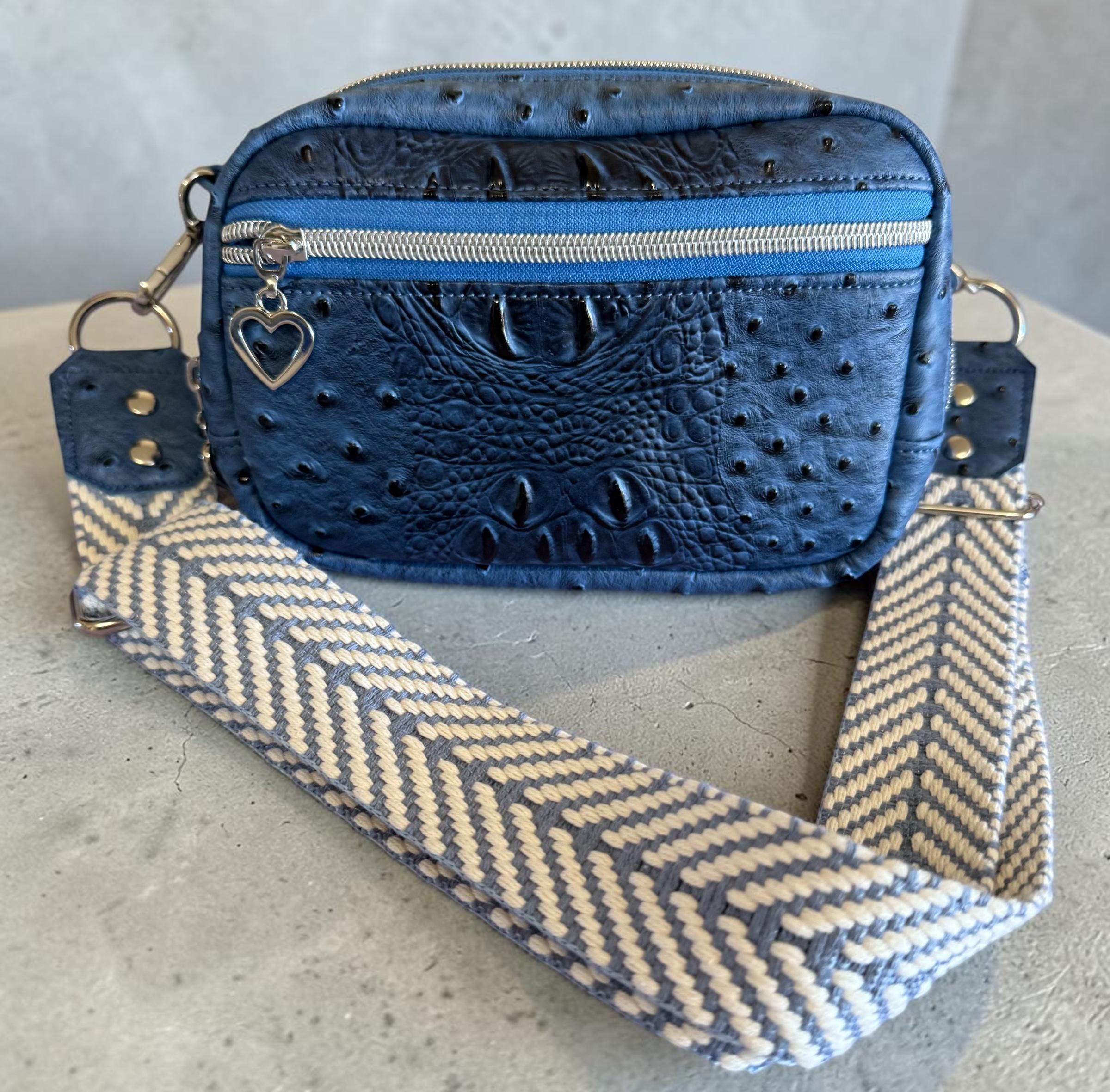 Compact Faux Leather Sling Bag: Crocodile Texture, Zipper Pockets (7.5" x 5.5")