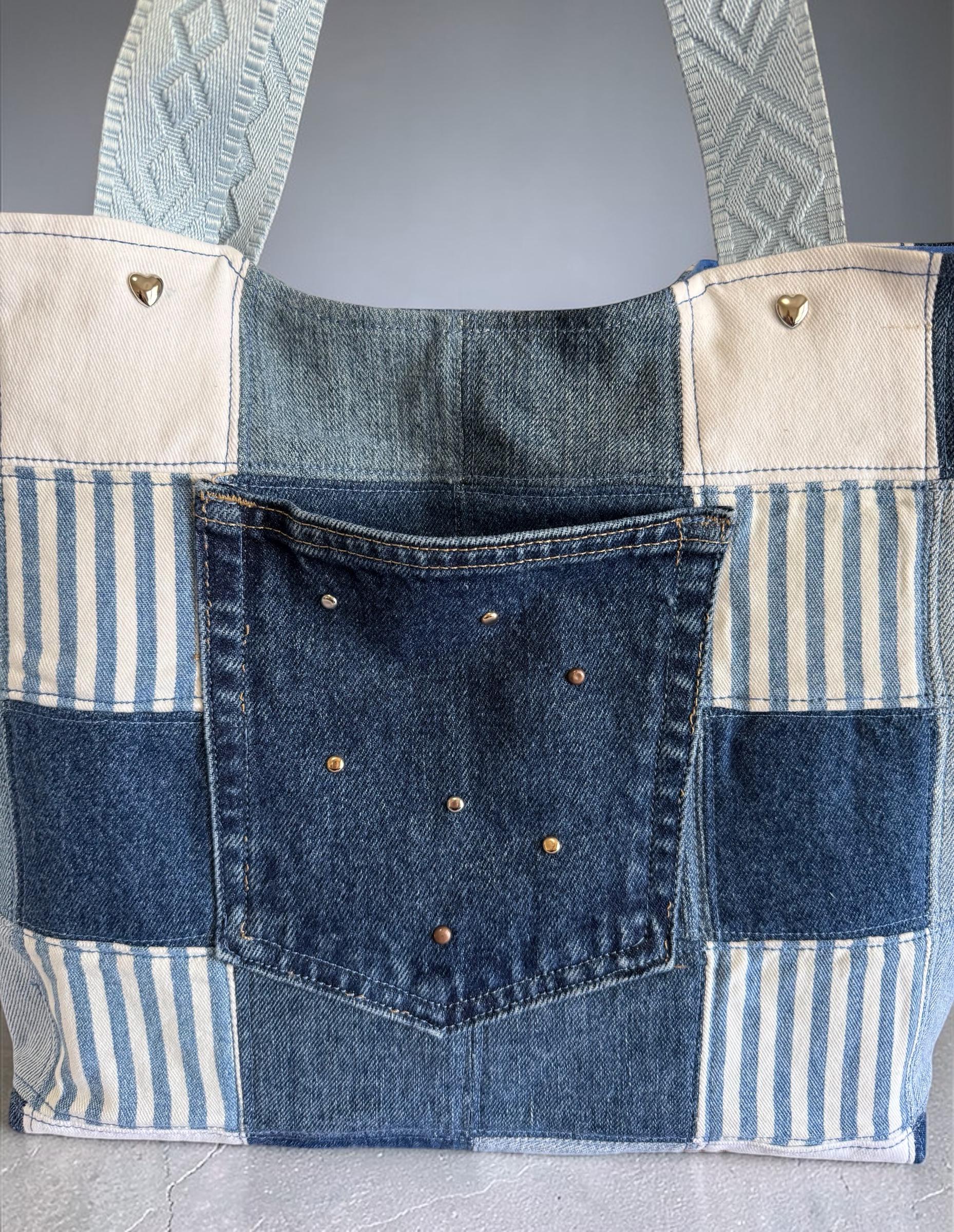 Upcycled Denim Patchwork Tote Bag: Market, Shopping, Beach Carryall